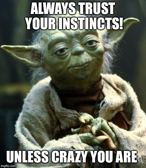 Star Wars Yoda Meme | ALWAYS TRUST YOUR INSTINCTS! UNLESS CRAZY YOU ARE | image tagged in memes,star wars yoda | made w/ Imgflip meme maker