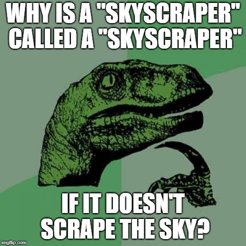 Philosoraptor | WHY IS A "SKYSCRAPER" CALLED A "SKYSCRAPER"; IF IT DOESN'T SCRAPE THE SKY? | image tagged in memes,philosoraptor | made w/ Imgflip meme maker