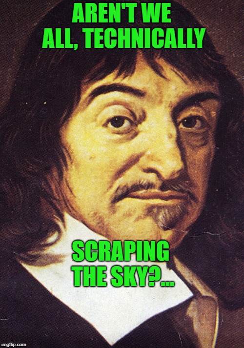 Rene Descartes | AREN'T WE ALL, TECHNICALLY SCRAPING THE SKY?... | image tagged in rene descartes | made w/ Imgflip meme maker