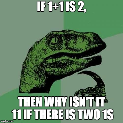 Philosoraptor | IF 1+1 IS 2, THEN WHY ISN'T IT 11 IF THERE IS TWO 1S | image tagged in memes,philosoraptor | made w/ Imgflip meme maker