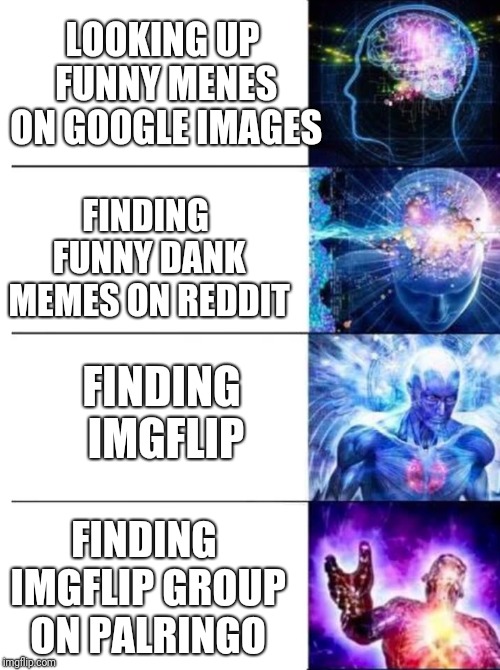 expanding mind | LOOKING UP FUNNY MENES ON GOOGLE IMAGES FINDING FUNNY DANK MEMES ON REDDIT FINDING IMGFLIP FINDING IMGFLIP GROUP ON PALRINGO | image tagged in expanding mind | made w/ Imgflip meme maker