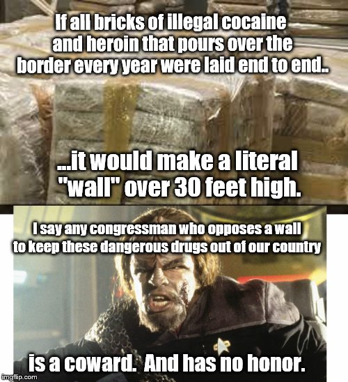 There, I said it. | If all bricks of illegal cocaine and heroin that pours over the border every year were laid end to end.. ...it would make a literal "wall" over 30 feet high. I say any congressman who opposes a wall to keep these dangerous drugs out of our country; is a coward.  And has no honor. | image tagged in secure the border | made w/ Imgflip meme maker