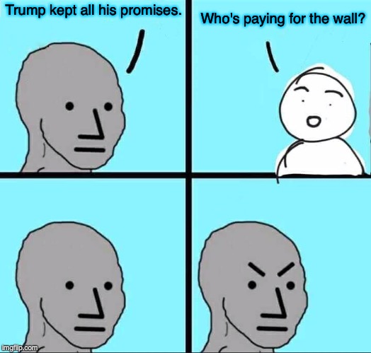 NPC Meme | Who's paying for the wall? Trump kept all his promises. | image tagged in npc meme,donald trump,trump wall,mexico,immigration | made w/ Imgflip meme maker