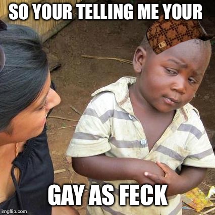 Third World Skeptical Kid | SO YOUR TELLING ME YOUR; GAY AS FECK | image tagged in memes,third world skeptical kid,scumbag | made w/ Imgflip meme maker
