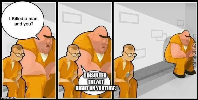 How get banned from patron in one easy step. | I INSULTED THE ALT RIGHT ON YOUTUBE. | image tagged in prisoners blank,sargon | made w/ Imgflip meme maker