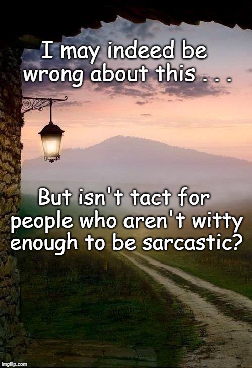Sarcasm | I may indeed be wrong about this . . . But isn't tact for people who aren't witty enough to be sarcastic? | image tagged in humor | made w/ Imgflip meme maker