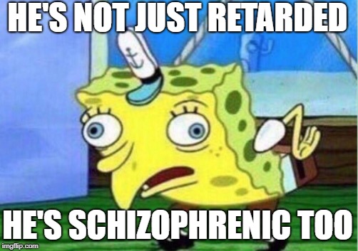 Mocking Spongebob Meme | HE'S NOT JUST RETARDED HE'S SCHIZOPHRENIC TOO | image tagged in memes,mocking spongebob | made w/ Imgflip meme maker