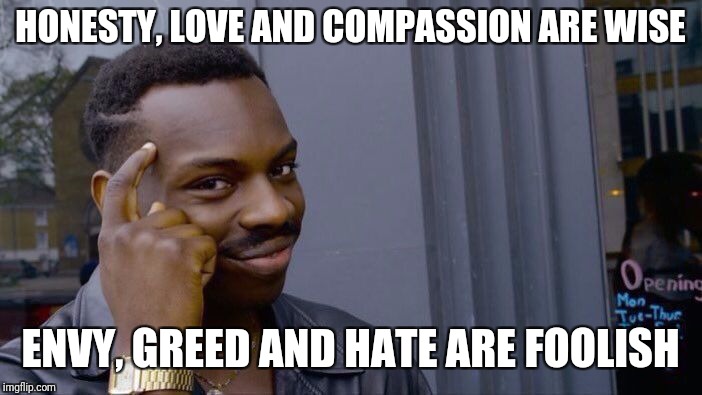 Roll Safe Think About It Meme | HONESTY, LOVE AND COMPASSION ARE WISE; ENVY, GREED AND HATE ARE FOOLISH | image tagged in memes,roll safe think about it | made w/ Imgflip meme maker