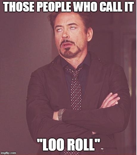 We all know its just wrong | THOSE PEOPLE WHO CALL IT; "LOO ROLL" | image tagged in memes,face you make robert downey jr,funny,iron man,marvel movies,toilet paper | made w/ Imgflip meme maker