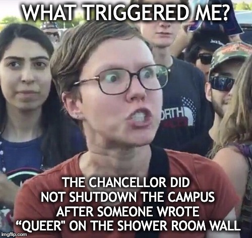 Triggered feminist | WHAT TRIGGERED ME? THE CHANCELLOR DID NOT SHUTDOWN THE CAMPUS AFTER SOMEONE WROTE “QUEER" ON THE SHOWER ROOM WALL | image tagged in triggered feminist,college,shutdown,sexual harassment | made w/ Imgflip meme maker