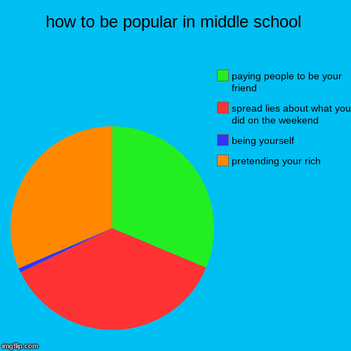 how to be popular in middle school | pretending your rich, being yourself, spread lies about what you did on the weekend, paying people to b | image tagged in funny,pie charts | made w/ Imgflip chart maker