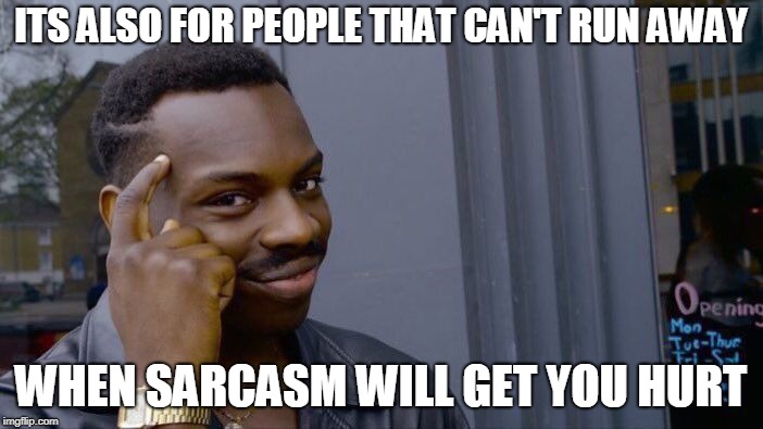 Roll Safe Think About It Meme | ITS ALSO FOR PEOPLE THAT CAN'T RUN AWAY WHEN SARCASM WILL GET YOU HURT | image tagged in memes,roll safe think about it | made w/ Imgflip meme maker