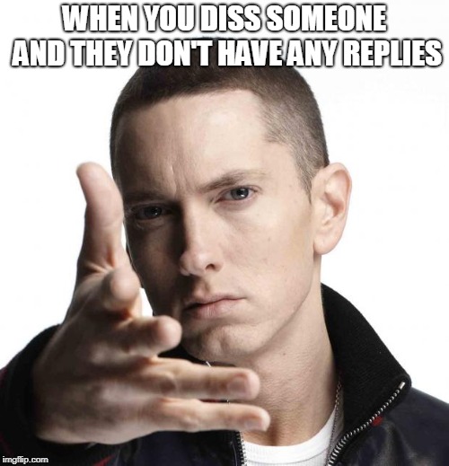hell yeah |  WHEN YOU DISS SOMEONE AND THEY DON'T HAVE ANY REPLIES | image tagged in eminem video game logic,eminem,diss,killshot | made w/ Imgflip meme maker
