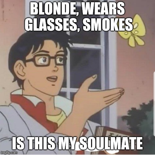 Butterfly man | BLONDE, WEARS GLASSES, SMOKES; IS THIS MY SOULMATE | image tagged in butterfly man | made w/ Imgflip meme maker