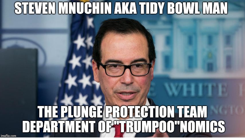 Mnuchin is poochin | STEVEN MNUCHIN AKA TIDY BOWL MAN; THE PLUNGE PROTECTION TEAM DEPARTMENT OF "TRUMPOO"NOMICS | image tagged in mnuchin is poochin,trump,dow,recession | made w/ Imgflip meme maker