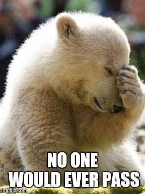 Facepalm Bear Meme | NO ONE WOULD EVER PASS | image tagged in memes,facepalm bear | made w/ Imgflip meme maker