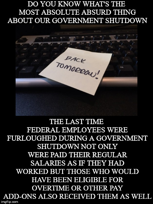 And Guess Who Has To Pay For It | DO YOU KNOW WHAT'S THE MOST ABSOLUTE ABSURD THING ABOUT OUR GOVERNMENT SHUTDOWN; THE LAST TIME FEDERAL EMPLOYEES WERE FURLOUGHED DURING A GOVERNMENT SHUTDOWN NOT ONLY WERE PAID THEIR REGULAR SALARIES AS IF THEY HAD WORKED BUT THOSE WHO WOULD HAVE BEEN ELIGIBLE FOR OVERTIME OR OTHER PAY ADD-ONS ALSO RECEIVED THEM AS WELL | image tagged in government shutdown,forlough,backpay,extortion,wall | made w/ Imgflip meme maker