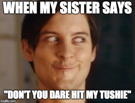 Spiderman Peter Parker | WHEN MY SISTER SAYS; "DON'T YOU DARE HIT MY TUSHIE" | image tagged in memes,spiderman peter parker | made w/ Imgflip meme maker
