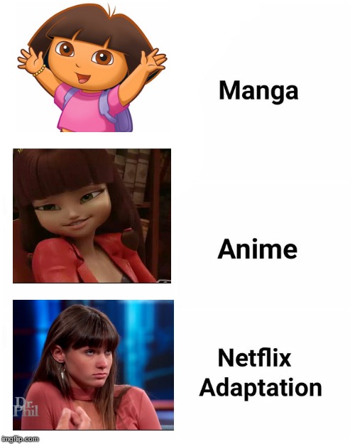 Where did it go wrong... | image tagged in manga anime netflix adaption,miraculous ladybug,dr phil,meme,dora the explorer,gone wrong | made w/ Imgflip meme maker
