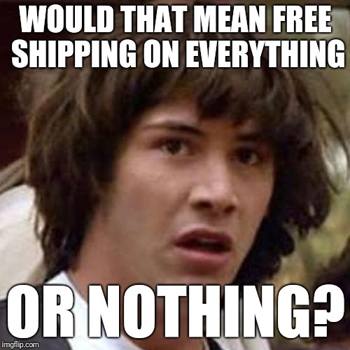 whoa | WOULD THAT MEAN FREE SHIPPING ON EVERYTHING OR NOTHING? | image tagged in whoa | made w/ Imgflip meme maker