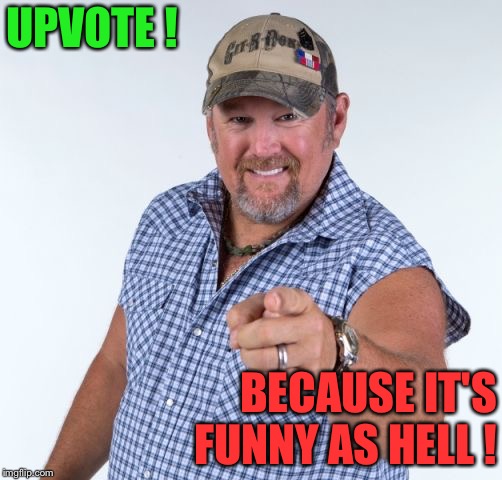 Larry the Cable Guy | UPVOTE ! BECAUSE IT'S FUNNY AS HELL ! | image tagged in larry the cable guy | made w/ Imgflip meme maker