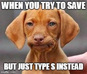 Frustrated dog | WHEN YOU TRY TO SAVE; BUT JUST TYPE S INSTEAD | image tagged in frustrated dog | made w/ Imgflip meme maker