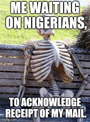 Waiting Skeleton | ME WAITING ON NIGERIANS, TO ACKNOWLEDGE RECEIPT OF MY MAIL. | image tagged in memes,waiting skeleton | made w/ Imgflip meme maker