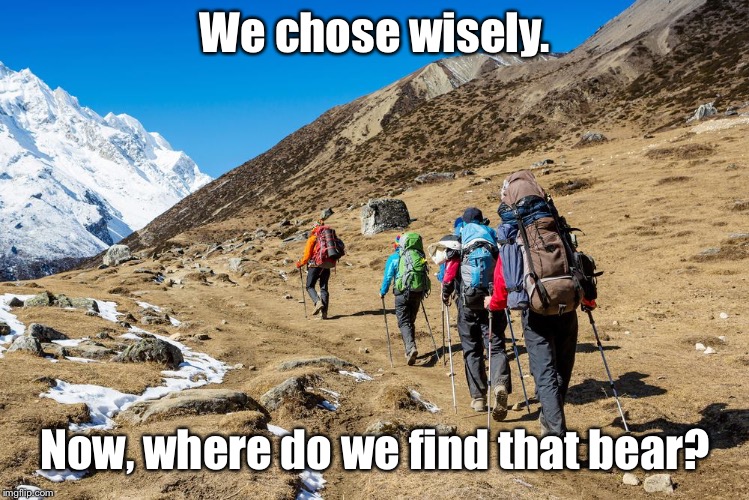 Hikers Trudging Up A Mountain | We chose wisely. Now, where do we find that bear? | image tagged in hikers trudging up a mountain | made w/ Imgflip meme maker