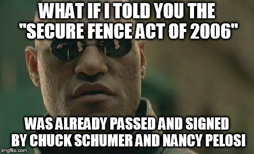 Matrix Morpheus Meme | WHAT IF I TOLD YOU THE "SECURE FENCE ACT OF 2006"; WAS ALREADY PASSED AND SIGNED BY CHUCK SCHUMER AND NANCY PELOSI | image tagged in memes,matrix morpheus | made w/ Imgflip meme maker