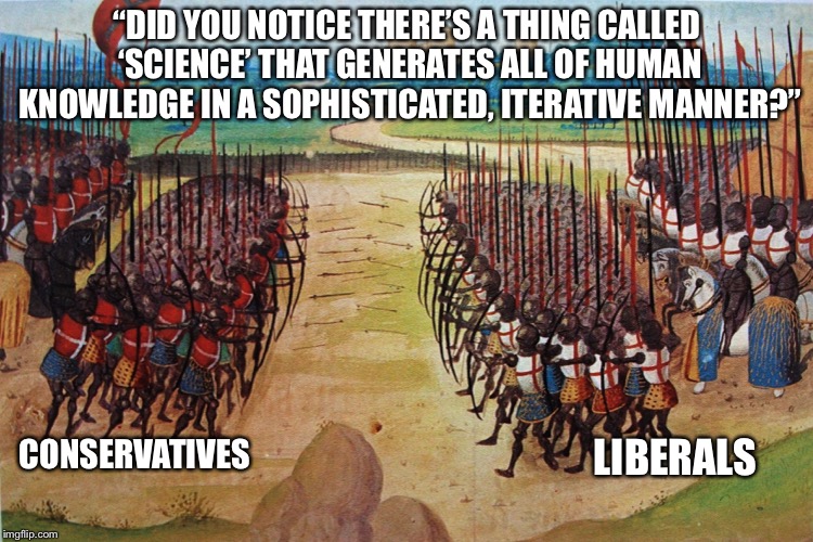Science vs. Gut | “DID YOU NOTICE THERE’S A THING CALLED ‘SCIENCE’ THAT GENERATES ALL OF HUMAN KNOWLEDGE IN A SOPHISTICATED, ITERATIVE MANNER?”; CONSERVATIVES; LIBERALS | image tagged in politics,conservatives,liberals | made w/ Imgflip meme maker
