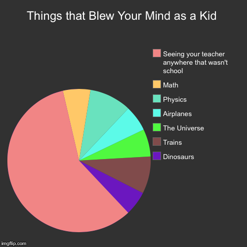 Things that Blew Your Mind as a Kid | Dinosaurs, Trains, The Universe, Airplanes, Physics, Math, Seeing your teacher anywhere that wasn't sc | image tagged in funny,pie charts | made w/ Imgflip chart maker