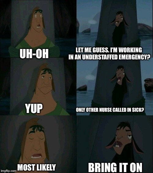 Emperor's New Groove Waterfall  | LET ME GUESS. I’M WORKING IN AN UNDERSTAFFED EMERGENCY? UH-OH; YUP; ONLY OTHER NURSE CALLED IN SICK? MOST LIKELY; BRING IT ON | image tagged in emperor's new groove waterfall | made w/ Imgflip meme maker