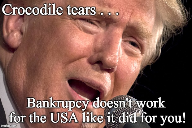 Trump cries crocodile tears for damage he is doing to the USA | Crocodile tears . . . Bankrupcy doesn't work for the USA like it did for you! | image tagged in temper tantrump,crocodile tears,trump fail,trump bankrupcy,donald trump you're fired,crying trump baby | made w/ Imgflip meme maker