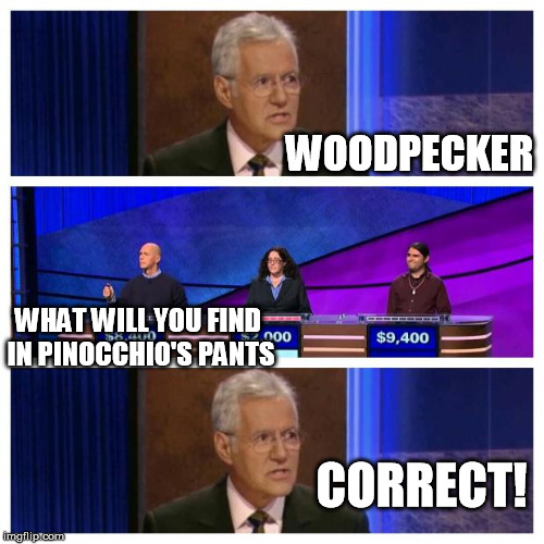 Jeopardy | WOODPECKER; WHAT WILL YOU FIND IN PINOCCHIO'S PANTS; CORRECT! | image tagged in jeopardy | made w/ Imgflip meme maker