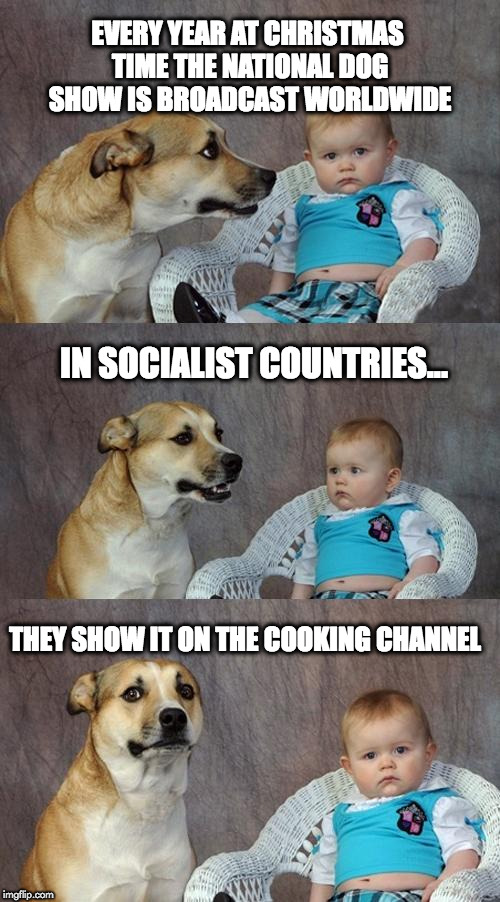 Dad Joke Dog | EVERY YEAR AT CHRISTMAS TIME THE NATIONAL DOG SHOW IS BROADCAST WORLDWIDE; IN SOCIALIST COUNTRIES... THEY SHOW IT ON THE COOKING CHANNEL | image tagged in memes,dad joke dog | made w/ Imgflip meme maker
