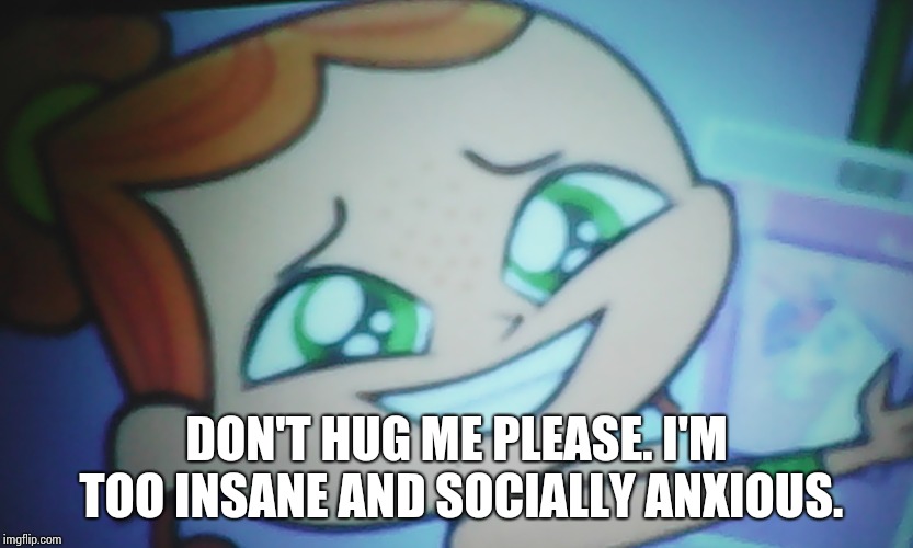 Yup. Sounds like me doesn't it. | DON'T HUG ME PLEASE. I'M TOO INSANE AND SOCIALLY ANXIOUS. | image tagged in if i don't hug this the world will end izzy,me in a nutshell | made w/ Imgflip meme maker