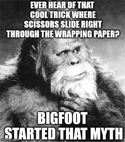 Just never works! | EVER HEAR OF THAT COOL TRICK WHERE SCISSORS SLIDE RIGHT THROUGH THE WRAPPING PAPER? BIGFOOT STARTED THAT MYTH | image tagged in bigfoot,christmas | made w/ Imgflip meme maker