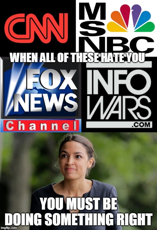 conservative media  | WHEN ALL OF THESE HATE YOU; YOU MUST BE DOING SOMETHING RIGHT | image tagged in alexandria ocasio-cortez | made w/ Imgflip meme maker