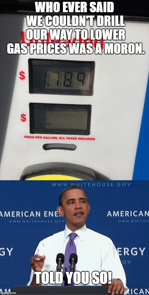 The fickle finger of history strikes at Odumber again. | WHO EVER SAID WE COULDN'T DRILL OUR WAY TO LOWER GAS PRICES WAS A MORON. TOLD YOU SO! | image tagged in libtard,odumber,obama,low gas prices | made w/ Imgflip meme maker