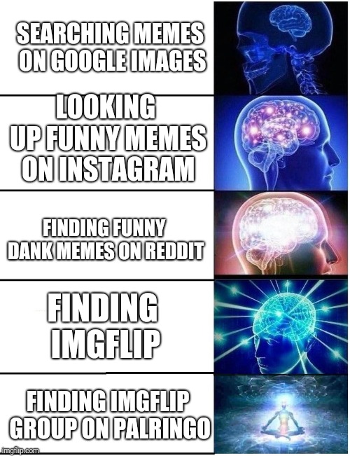 Beyond the Comments | SEARCHING MEMES ON GOOGLE IMAGES; LOOKING UP FUNNY MEMES ON INSTAGRAM; FINDING FUNNY DANK MEMES ON REDDIT; FINDING IMGFLIP; FINDING IMGFLIP GROUP ON PALRINGO | image tagged in expanding brain 5 panel,imgflip,chat,group chats,meme | made w/ Imgflip meme maker