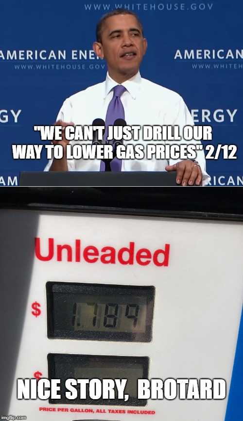 If you listen to a democrat you just might be a .... | "WE CAN'T JUST DRILL OUR WAY TO LOWER GAS PRICES" 2/12; NICE STORY,  BROTARD | image tagged in libtard,obama,lower gas prices | made w/ Imgflip meme maker