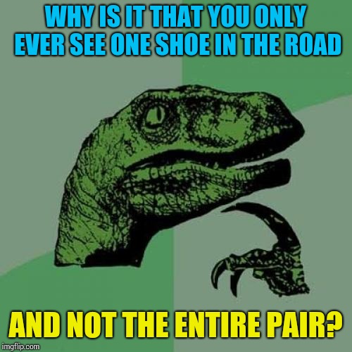 Philosoraptor Meme | WHY IS IT THAT YOU ONLY EVER SEE ONE SHOE IN THE ROAD; AND NOT THE ENTIRE PAIR? | image tagged in memes,philosoraptor | made w/ Imgflip meme maker