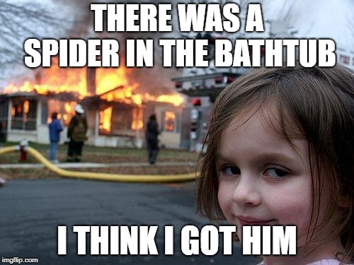 diaster girl | THERE WAS A SPIDER IN THE BATHTUB; I THINK I GOT HIM | image tagged in diaster girl | made w/ Imgflip meme maker