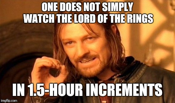 One Does Not Simply Meme | ONE DOES NOT SIMPLY WATCH THE LORD OF THE RINGS; IN 1.5-HOUR INCREMENTS | image tagged in memes,one does not simply | made w/ Imgflip meme maker