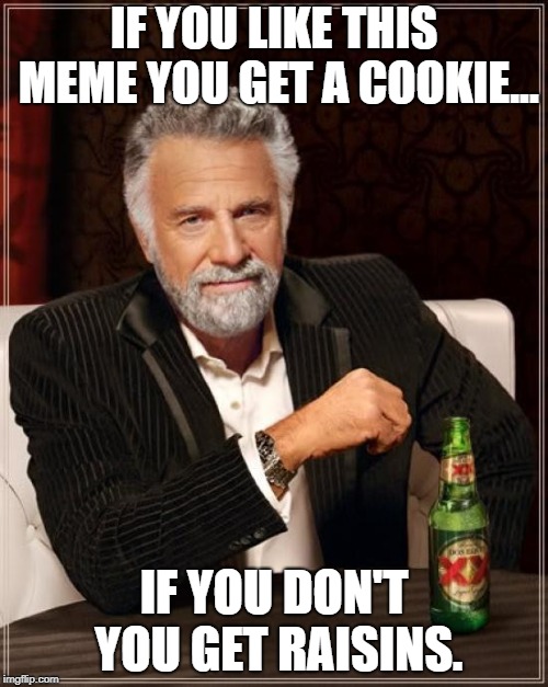 The Most Interesting Man In The World Meme | IF YOU LIKE THIS MEME YOU GET A COOKIE... IF YOU DON'T YOU GET RAISINS. | image tagged in memes,the most interesting man in the world | made w/ Imgflip meme maker