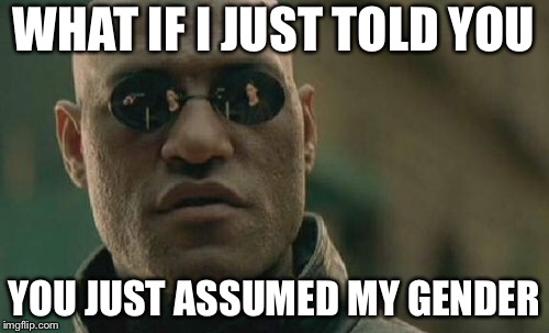 Matrix Morpheus Meme | WHAT IF I JUST TOLD YOU; YOU JUST ASSUMED MY GENDER | image tagged in memes,matrix morpheus | made w/ Imgflip meme maker