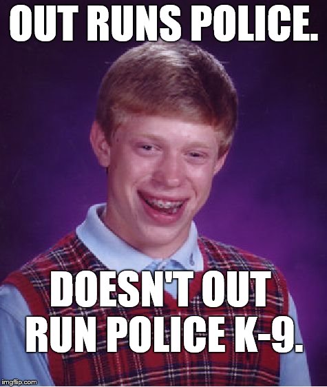 Bad Luck Brian Meme | OUT RUNS POLICE. DOESN'T OUT RUN POLICE K-9. | image tagged in memes,bad luck brian | made w/ Imgflip meme maker