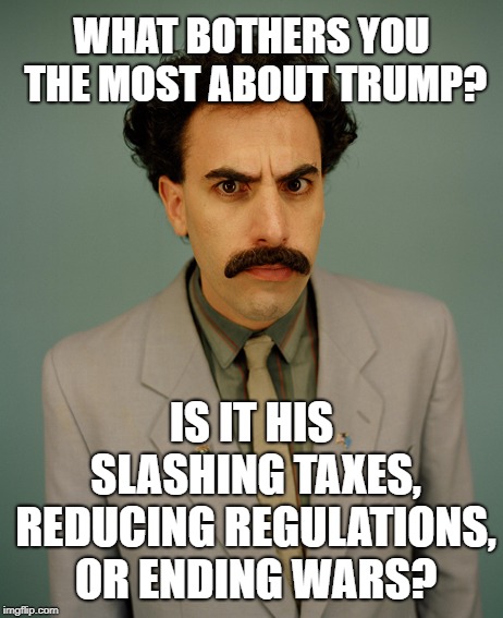 Borat | WHAT BOTHERS YOU THE MOST ABOUT TRUMP? IS IT HIS SLASHING TAXES, REDUCING REGULATIONS, OR ENDING WARS? | image tagged in borat | made w/ Imgflip meme maker
