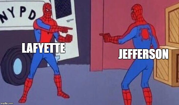Double Spiderman | JEFFERSON; LAFYETTE | image tagged in double spiderman,hamilton | made w/ Imgflip meme maker