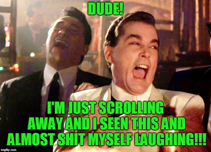 Good Fellas Hilarious Meme | DUDE! I'M JUST SCROLLING AWAY AND I SEEN THIS AND ALMOST SHIT MYSELF LAUGHING!!! | image tagged in memes,good fellas hilarious | made w/ Imgflip meme maker